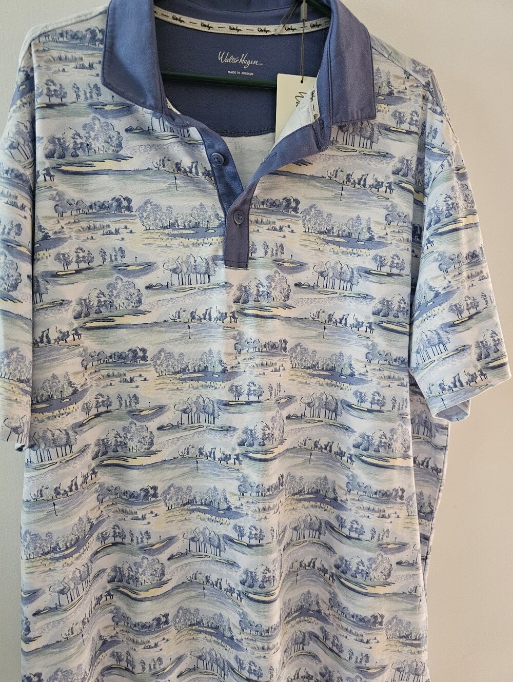 Walter Hagen Golf Shirt Mens XL Blue White Golf Course All Over Print Polo